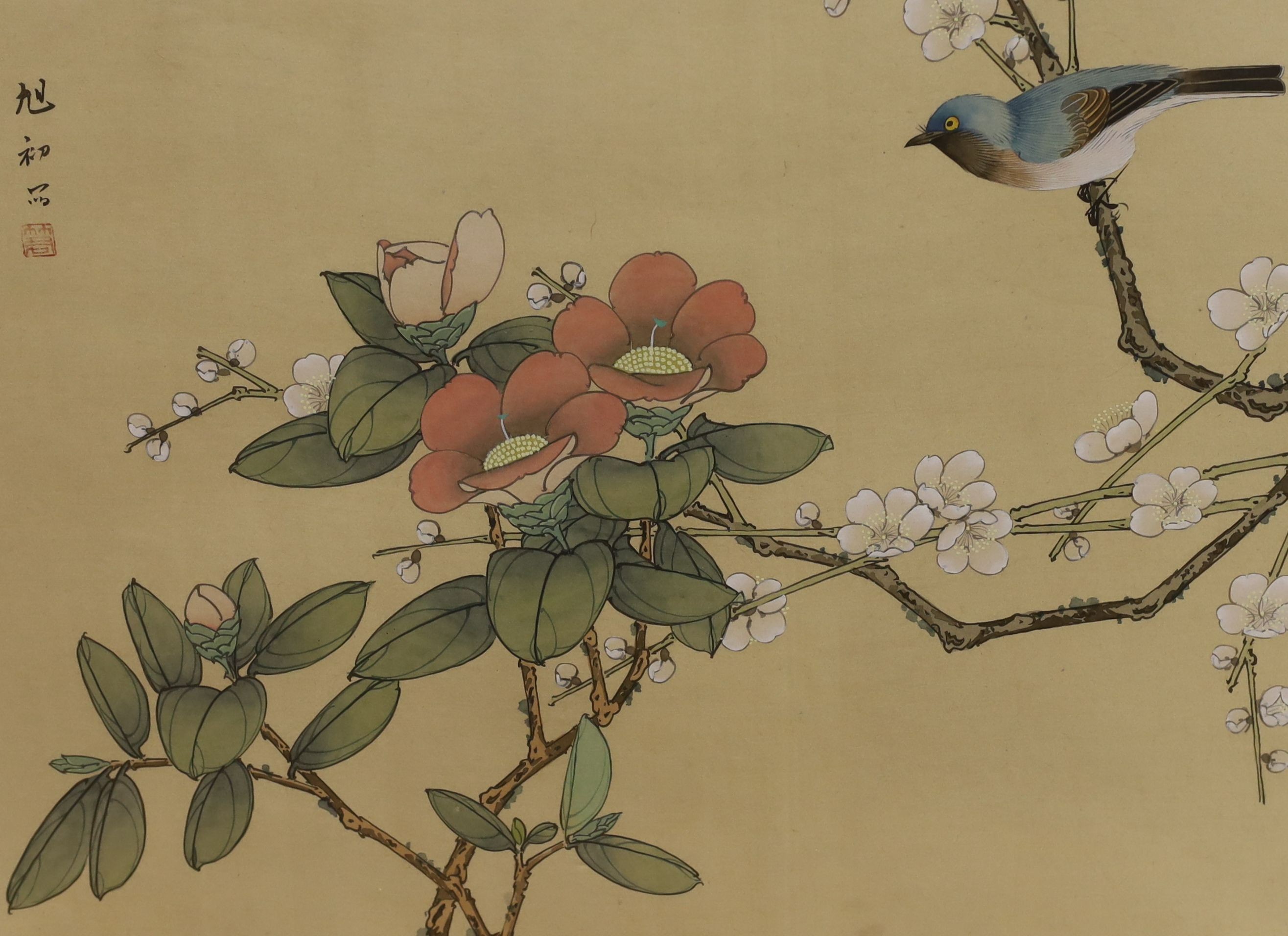 Chinese School, six watercolour and gouache on silk, Studies of birds and flowers, largest 68 x 33cm